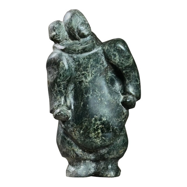 Vintage Folk Hand Carved Inuit Figurative Serpentine Green Marble Sculpture For Sale