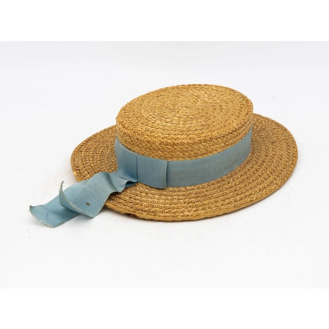 Vintage Natural Straw Pale Blue Ribbon Bow Boater Hat, the Ridgemont Make, 1930s For Sale - Image 4 of 8