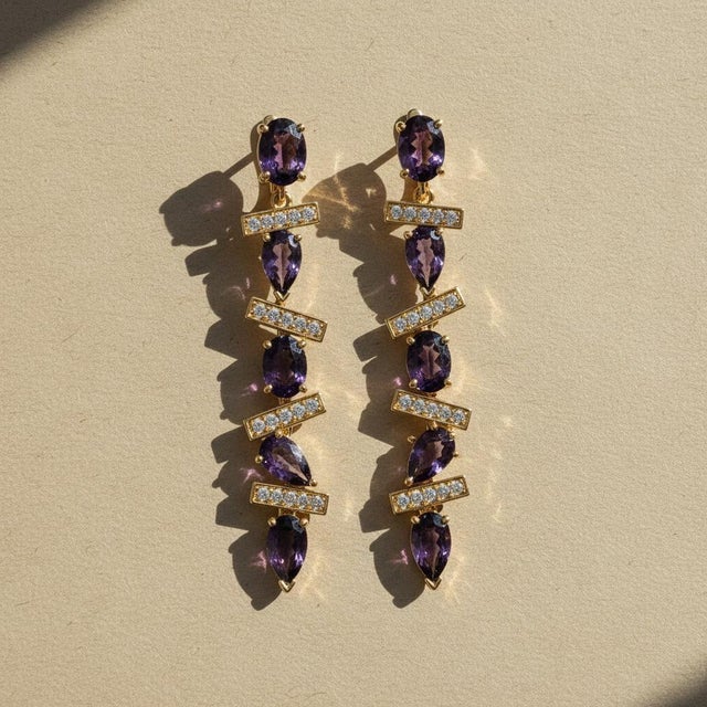 Metal Modern Geometric Amethysts Drop Earrings, Silver, Gold, Pair For Sale - Image 7 of 7