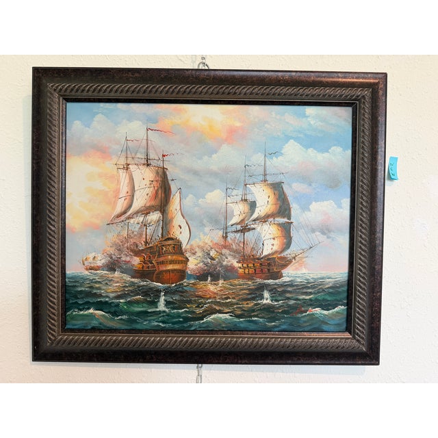 Paint Original Marine Naval Battle Oil Painting Sailing Ships Seascape Framed, Signed For Sale - Image 7 of 11