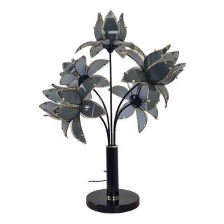 Hollywood Regency Five-Light Lotus Flower Table Lamp in Smoked Glass, 1980s For Sale