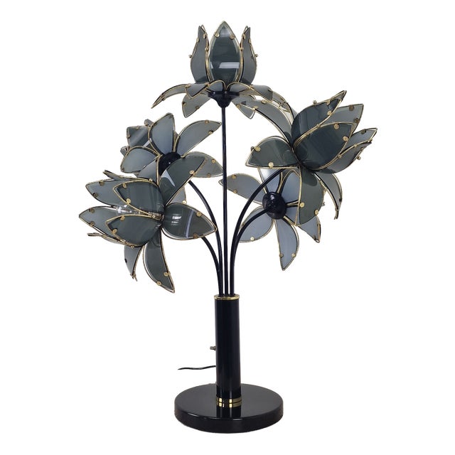 Hollywood Regency Five-Light Lotus Flower Table Lamp in Smoked Glass, 1980s For Sale