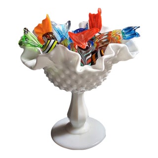 Vintage Fenton White Milk Glass Hobnail Compote With 11 Oversized Murano Style Hand-Blown Art Glass Candies – 12 Piece Set For Sale