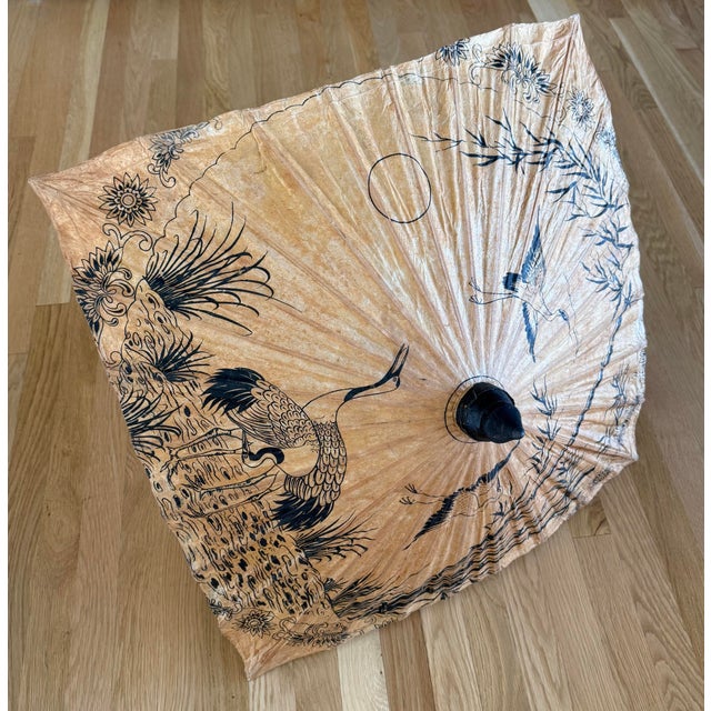 Mid 20th Century Vintage Japanese Hand Painted Bamboo and Paper Parasol For Sale - Image 5 of 12