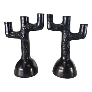 Vintage Barro Negro Candlestick Holders 10” Oaxaca Mexico Pottery Folk Art For Sale