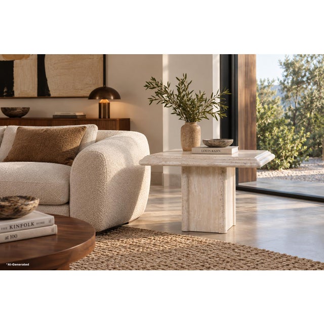 Dating to the 1980s, this pair of Italian mid-century modern travertine side tables showcases the sculptural use of...