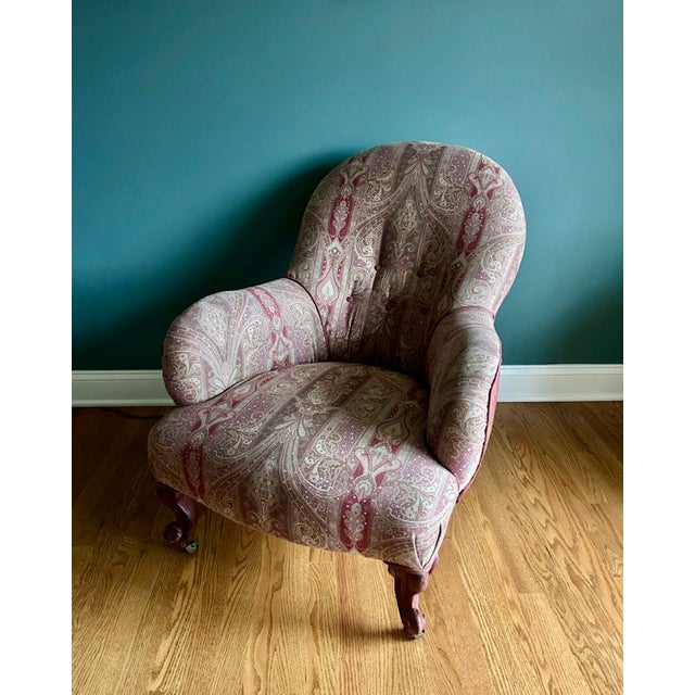 Beautiful and sturdy late 19th century large English slipper chair reupholstered in a warm traditional English paisley...