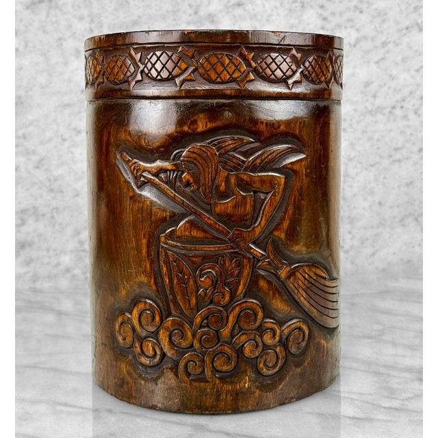 Tribal Vintage Balinese Tribal Mahogany Carved Figural Vessel Waste Basket For Sale - Image 3 of 9