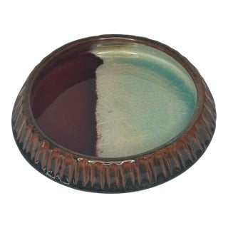 Vintage Studio Pottery Catchall Dish, Oxblood and Crackle Celadon Split Glaze, Signed For Sale
