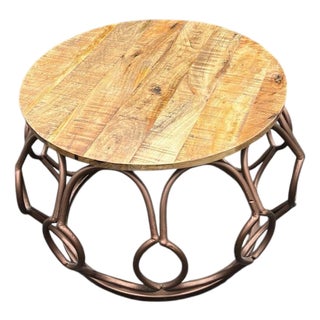 Vintage Round Wood & Metal Coffee Table For Sale