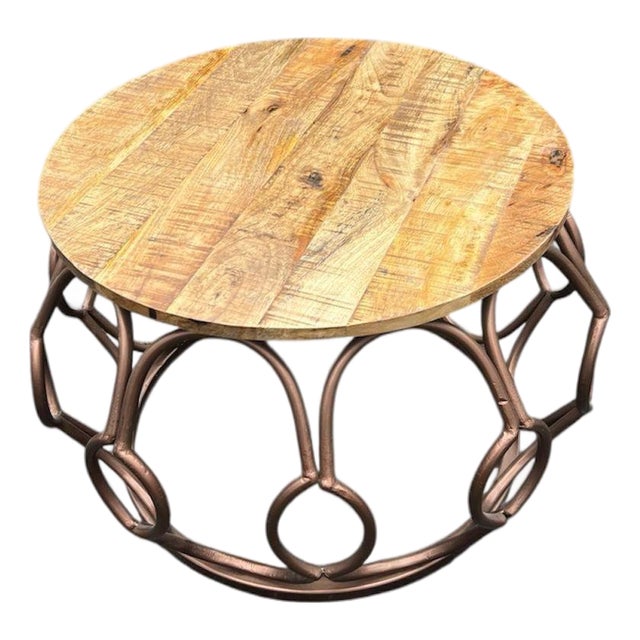 Vintage Round Wood & Metal Coffee Table For Sale