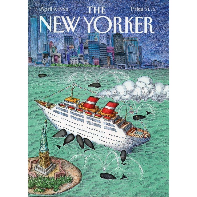 Original vintage New Yorker magazine cover dated April 9, 1990 featuring a New York City and Whales theme. Based on an...