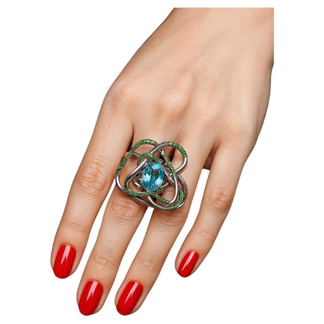 Bochic “Orient” Vintage Blue Topaz & Emeralds Ring Set 18K Gold & Silver For Sale - Image 4 of 8