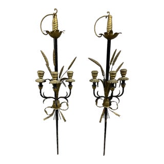 Antique Italian Metal and Wood Sword Candle Wall Sconces a Pair For Sale