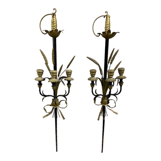Antique Italian Metal and Wood Sword Candle Wall Sconces a Pair For Sale