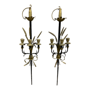 Antique Italian Metal and Wood Sword Candle Wall Sconces a Pair