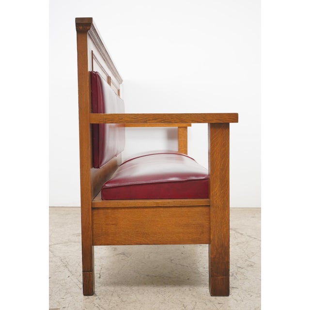 Mid 20th Century Reclaimed Mission 86.125 In. Golden Oak Red Vinyl Bench For Sale - Image 11 of 15