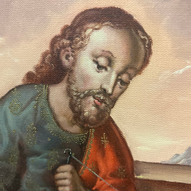 Paint 20th Century Oil on Canvas Cuzco School Signed Framed Titled Work and Prayer For Sale - Image 7 of 12