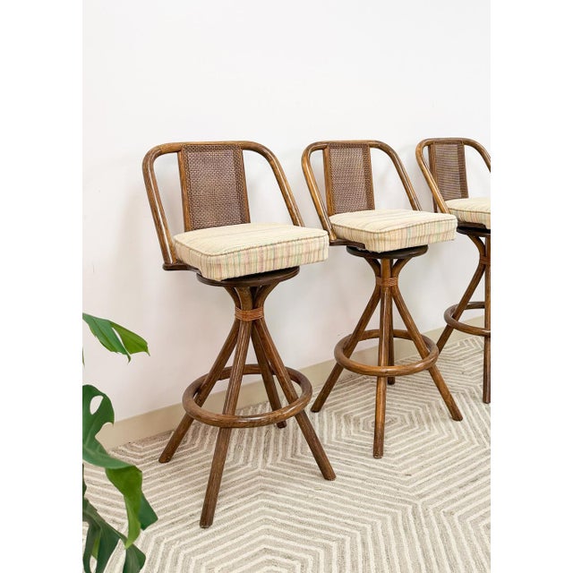 Mid-Century Modern 3 Vintage Coastal Bamboo Barstools Dark Rattan W/ Beige Cushions and Caned Back For Sale - Image 3 of 10