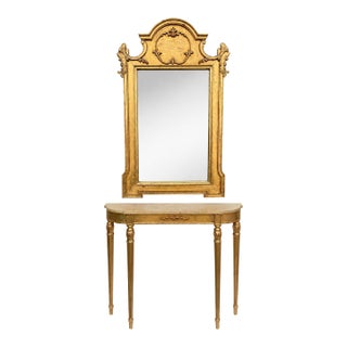 1950s Restored Neoclassical Gilt Console Table & Mirror Set With Polished Stone Top | Hand-Finished Gold Leaf For Sale