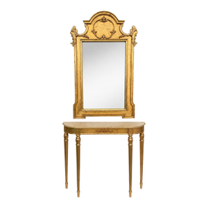 1950s Restored Neoclassical Gilt Console Table & Mirror Set With Polished Stone Top | Hand-Finished Gold Leaf