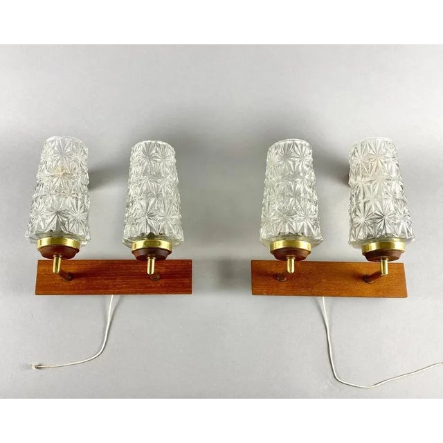 Mid-Century Modern Double Arm Wall Lights with Cylindrical Glass Shades and Wooden Bases, Germany, Set of 2 For Sale - Image 3 of 10