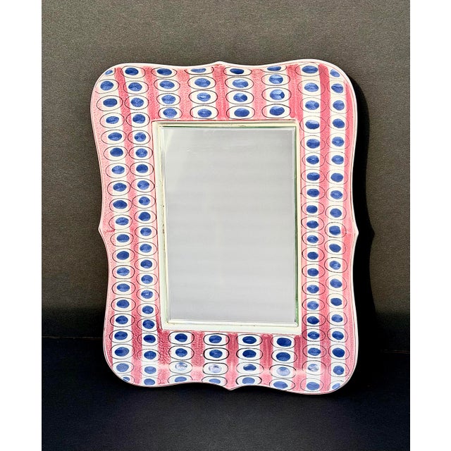 Signed Stig Lindberg Faiance for Gustavsberg Sweden Hand Decorated Ceramic Framed Mirror C. 1940. For Sale - Image 9 of 9