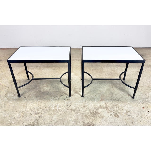 Mid-Century Modern Mid Century Modern Wrought Iron & Milk Glass Small Side Tables—a Pair For Sale - Image 3 of 12