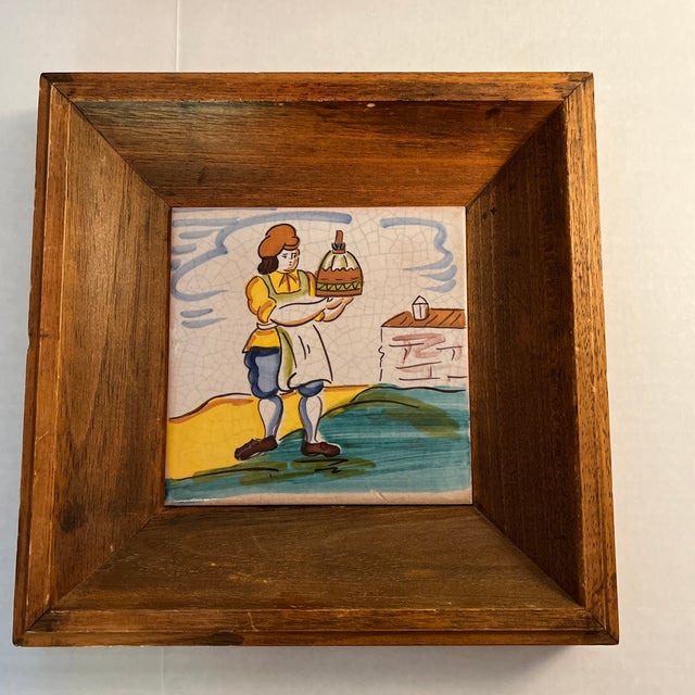 Late 20th Century Late 20th Century Hand Painted Spanish Folk Art Tile in Wood Frames - Set of 3 For Sale - Image 5 of 9