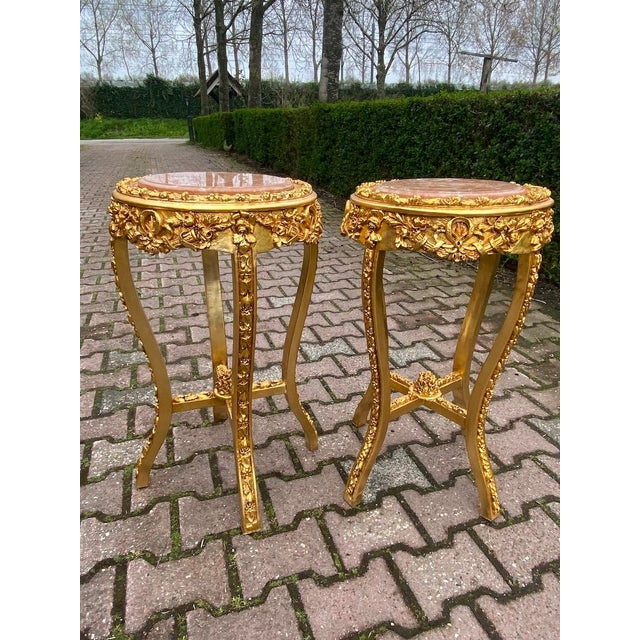 1980s French Louis XVI Gold Beech Marble Side Tables - Pair of 2 Pc For Sale - Image 9 of 9