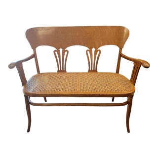 Oak Art Nouveau Bench With Cane Seat Circa 1910 For Sale