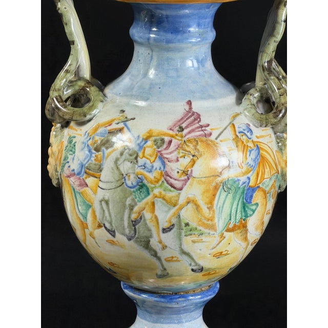 Ceramic Vintage Italian Hand-Painted Majolica Mythological Vases, 1800s, Set of 2 For Sale - Image 7 of 18