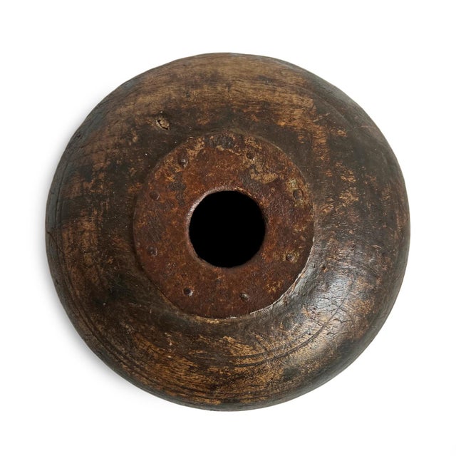 Antique old wooden tobacco container from India. Adorned with metal decorative details. Each is unique and sold individually.