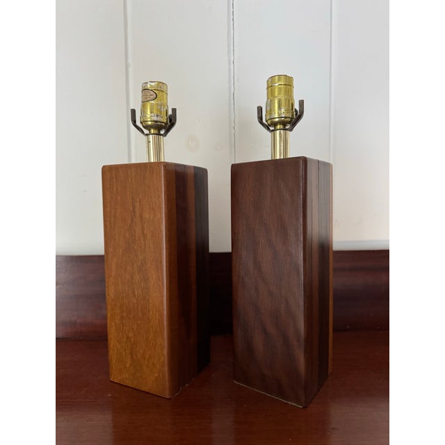 Mid-Century Modern Mid 20th Century Mid Century Modern Solid Walnut Block Lamps a Pair For Sale - Image 3 of 7