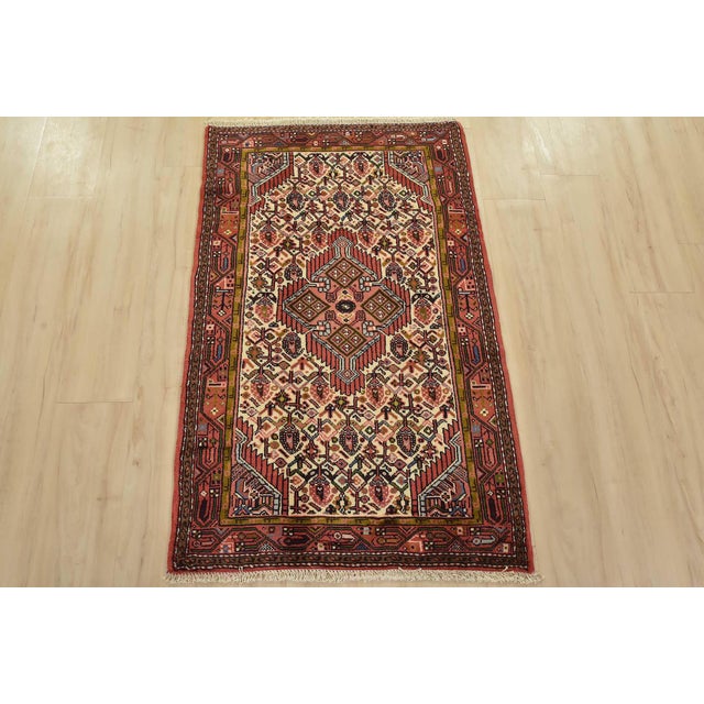 Tribal Hamedan Rug 2’8” X 4’1” Ivory Wool Vintage Tribal Hand-Knotted Carpet For Sale - Image 3 of 10