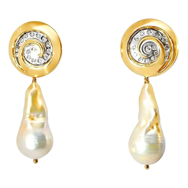 Late 20th Century 14K Gold Baroque Pearl Diamond Swirl Drop Earrings, Pair For Sale