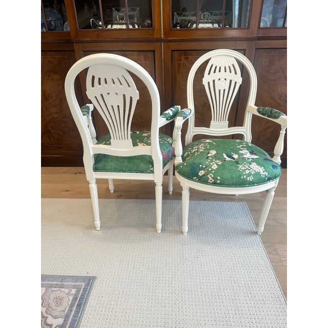 French 20th-Century Louis XVI Style Neoclassical Armchairs, Newly Reimagined – Thibaut Katsura in Emerald For Sale - Image 3 of 12