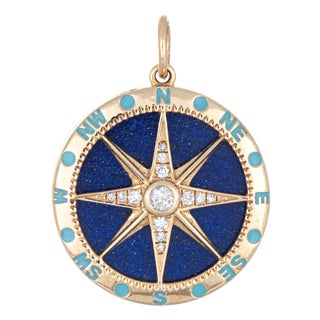 Compass Charm Lapis Lazuli Diamond Pendant Estate 14k Yellow Gold Enamel Jewelry For Sale