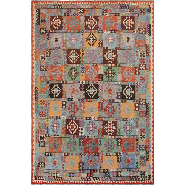 Blue Early 21st Century Shabby Chic Kilim Blue Rust Wool Rug For Sale - Image 8 of 8