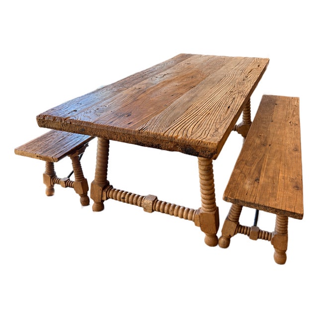 Rough Hewn Dining Table With Bench Seating For Sale
