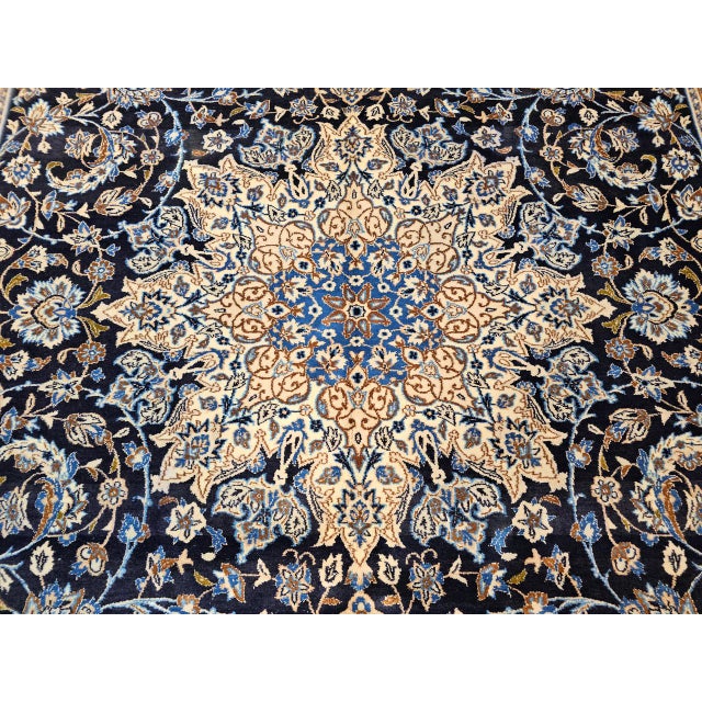 Vintage Persian Nain Area Rug, Hand-Knotted Wool & Silk, Floral Pattern, 7x11, Navy & Ivory For Sale - Image 14 of 17