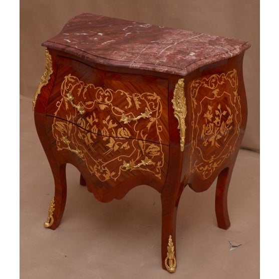 Louis XVstyle Marquetry Inlaid Marble Top Bombe Commode For Sale - Image 4 of 4
