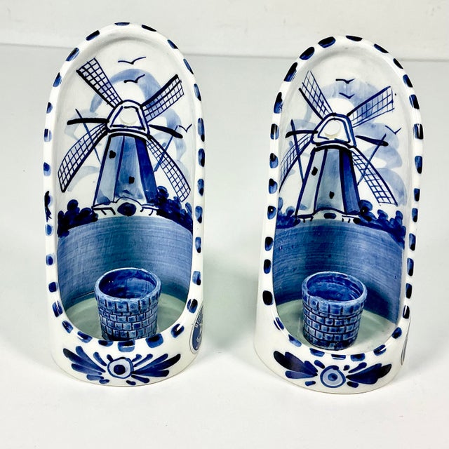 1950s 1950s Vintage Holland Delft Boho Chic Handpainted Candleholder Wall Sconces - A Pair. For Sale - Image 5 of 15