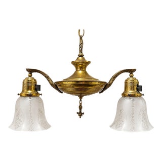 Antique Two Arm Brass Pan Chandelier Etched Glass Shades For Sale