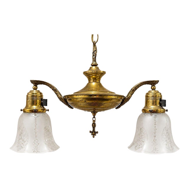 Antique Two Arm Brass Pan Chandelier Etched Glass Shades For Sale