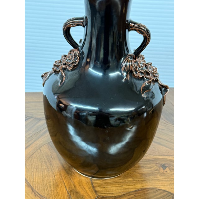 Brown Antique Replica Chinese Dark Glaze Twin-Handle Floral Pottery Vase For Sale - Image 8 of 12