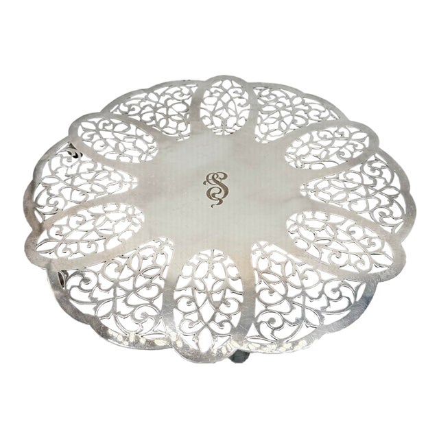 Vintage International Silver Co. Pierced Silverplate Footed Trivet With Monogram For Sale