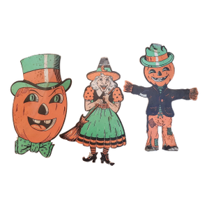 Vintage Halloween Witch Scarecrow Jack O Lantern Die Cut