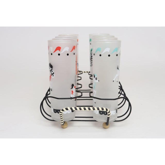 Libbey Glass Co. Set of Eight Vintage Frosted Glasses With Animal Carousel Motif by Libbey With Carrier For Sale - Image 4 of 18