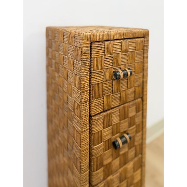 Late 20th Century Wicker Parquetry Apothecary Narrow Four Drawer Chest Metal Base Coastal For Sale - Image 5 of 10